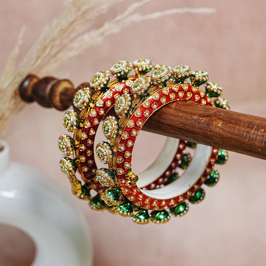 Green Rajwadi Bridal Kada – Traditional, Royal Design, Perfect for Weddings (Pack of 2) - The Golden Cascade